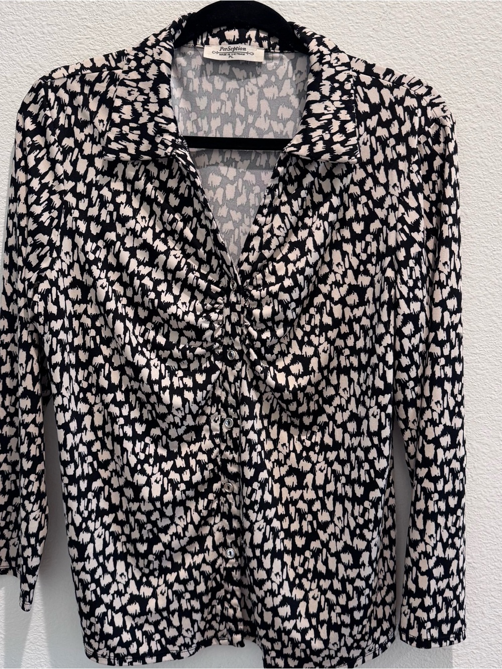 Perseption Black and Cream Gathered Front Button-Down Blouse